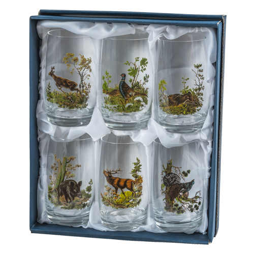 6 Bierbecher mit farbigem Jagddekor