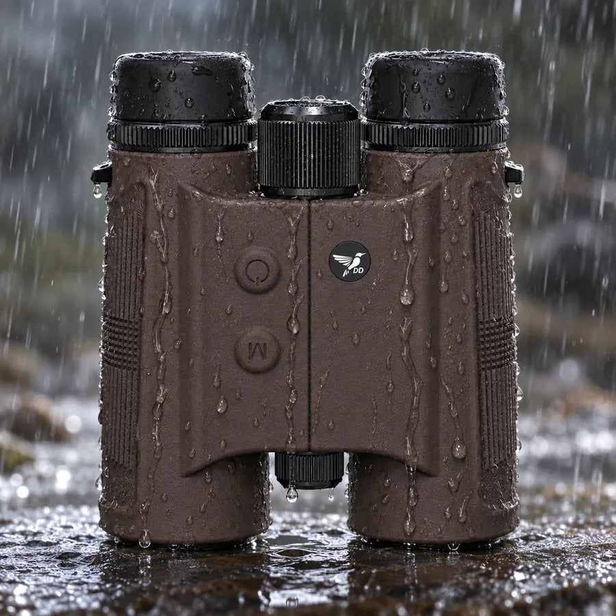 DDoptics UltraView Range 10x42 ED in Braun im Regen, wasserdicht nach IPX7