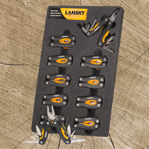 Display mit 10 Lansky Mini-Multitools