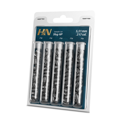 H&N 5 Röhrchen Testkugeln 5,5 mm 21, 23, 25, 27 und 30 gr, SLUG HP .217, .217