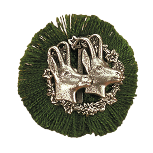 Hutnadel aus Alpaka, versilbert, Gämsen mit Rüschen, 4,5 cm Ø, Grün/Gemsen
