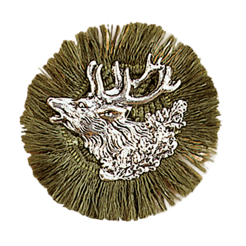 Hutnadel aus Alpaka, versilbert, Hirsch mit Rüschen, 4 cm Ø, Grün/Hirsch