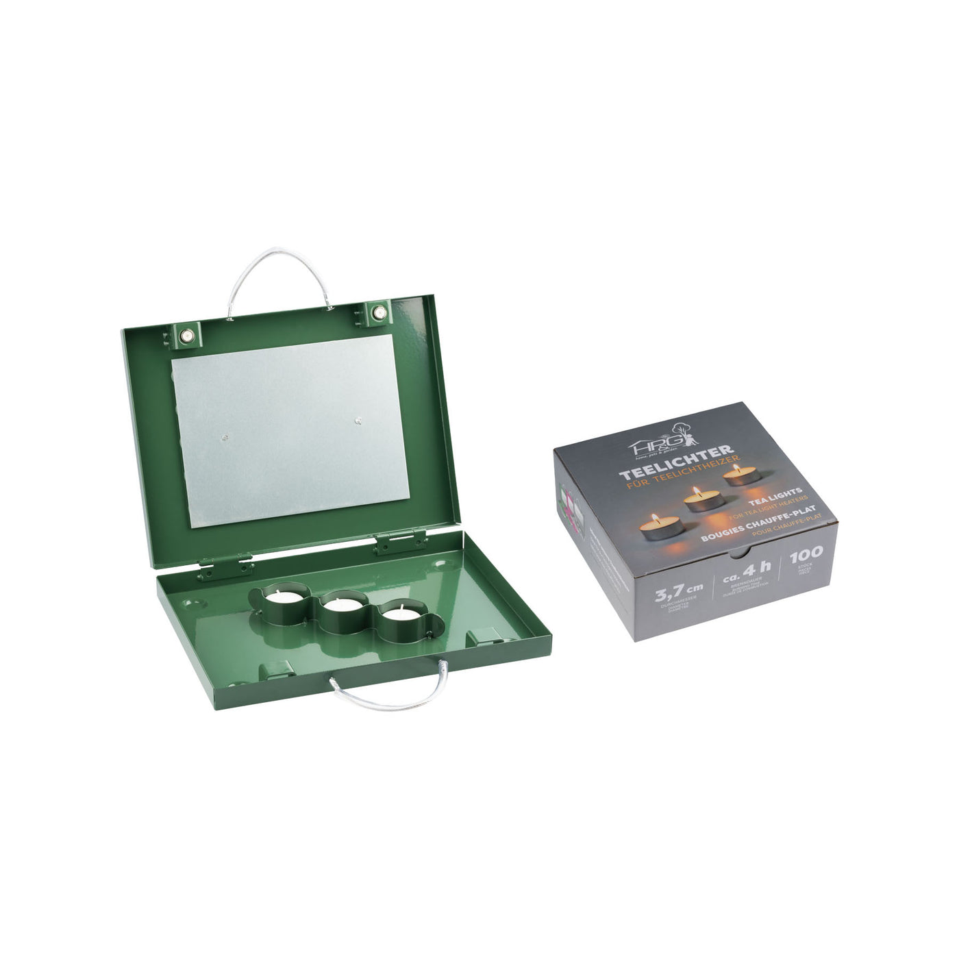 EUROHUNT Teelichtheizer grün mit Teelichter 100 er Pack