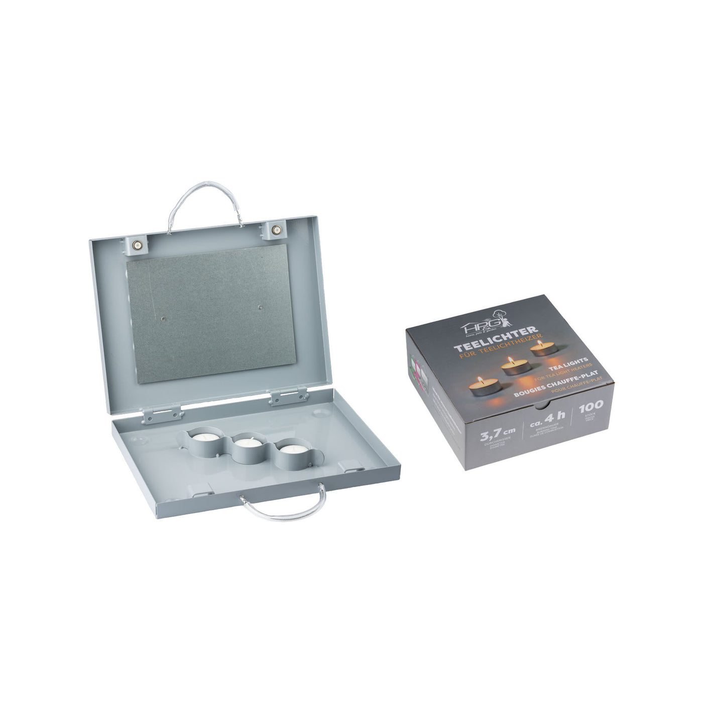 EUROHUNT Teelichtheizer silber mit Teelichter 100 er Pack