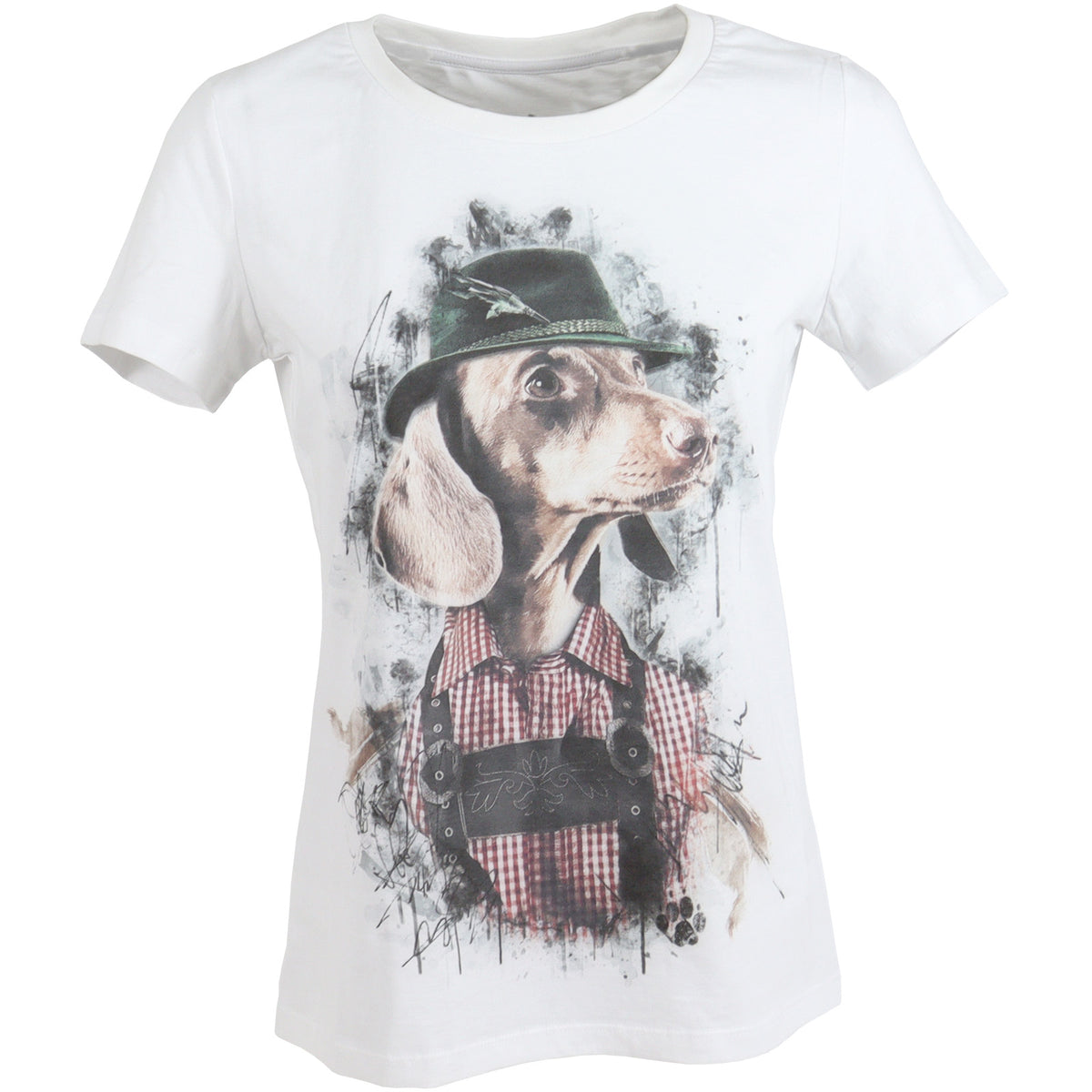 ALMTRACHT T-Shirt Damen Dackel mit Hut, weiß