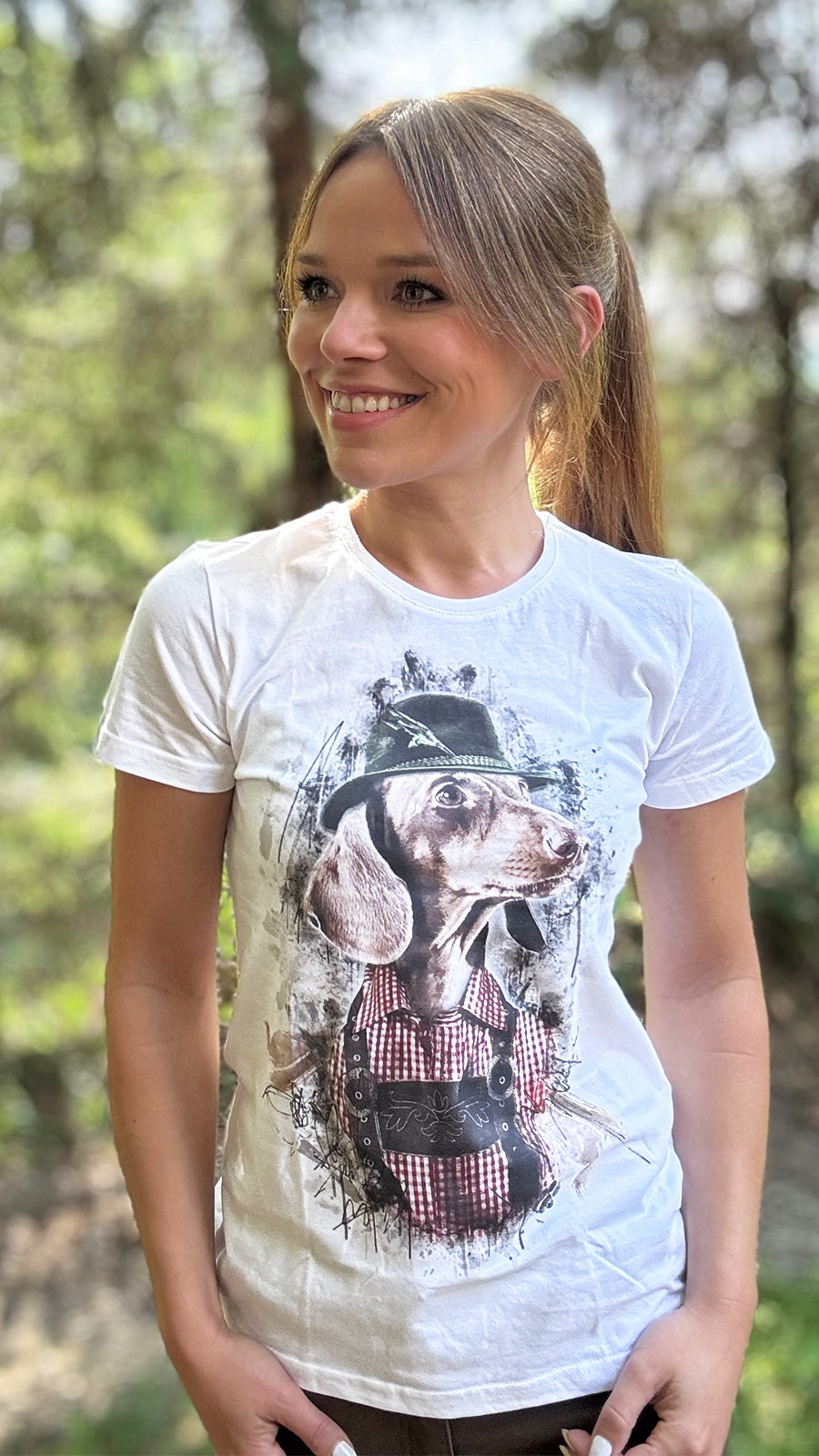 ALMTRACHT T-Shirt Damen Dackel mit Hut, weiß – Ansicht 4