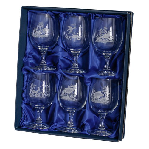 Kristallgläser im Geschenkkarton, 240 ml, 6 Weingläser mit Jagddekor, Weingläser Jagd