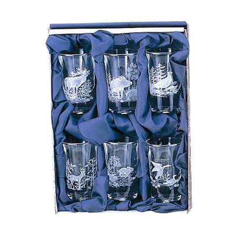Schnapsstamper im Geschenkkarton, mit 6 Glasstampern, mit Jagddekor, Stamper Jagddek.