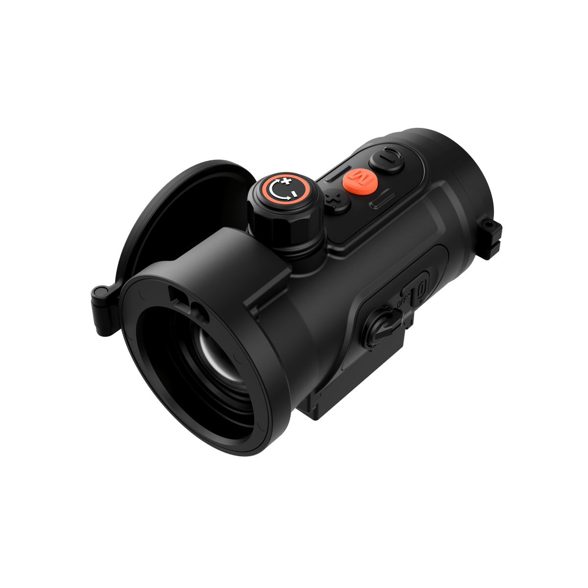 ThermTec Hunt 635L PRO LRF Vorsatzgerät, 35-mm-Objektiv mit geöffnetem Deckel
